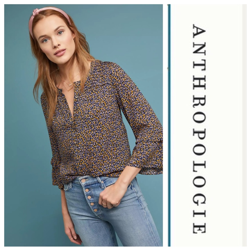 Small-Anthropologie Yellow and Black 3/4 Sleeve Blouse